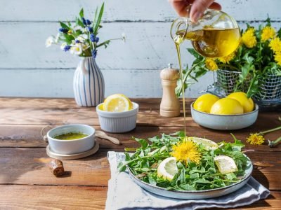 Healthy dandelions recipes salad with olive oil